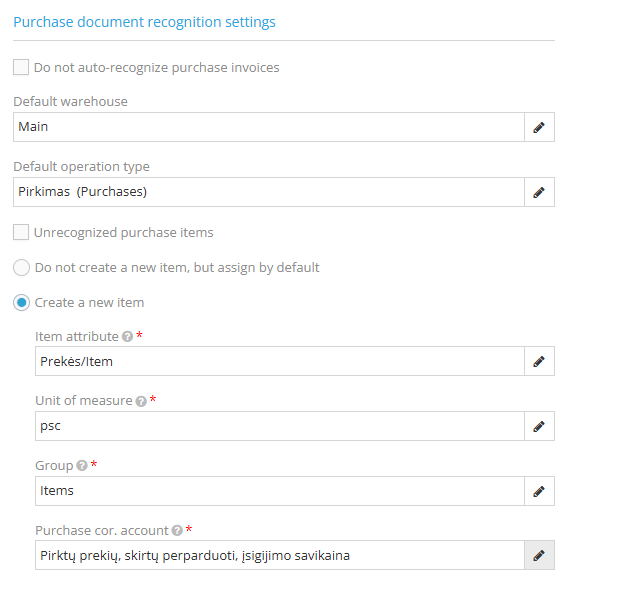 Invoice recognition settings window in the system